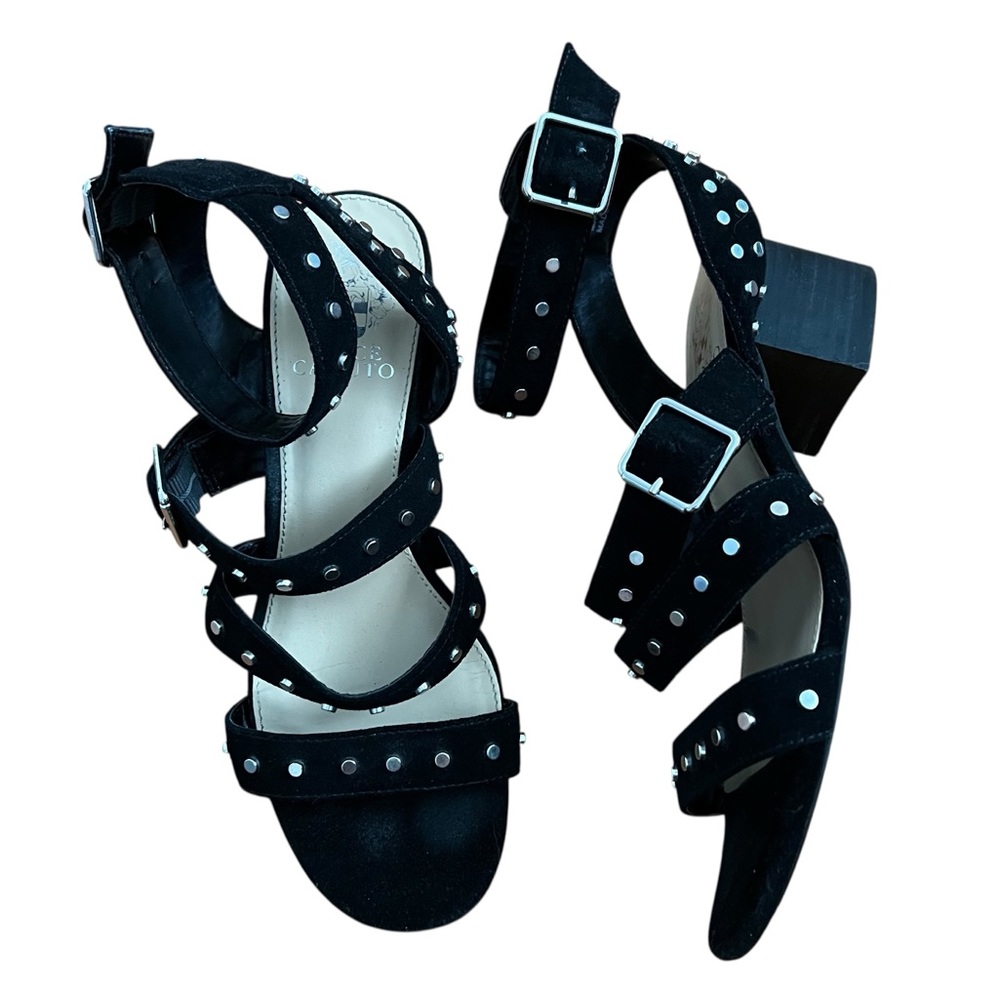 Vince Camuto Braylee Black Leather Studded Gladiator Block Heel Sandals 7M